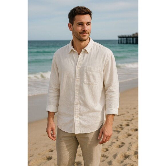 Abercrombie Fitch Medium White Oversized Button Up Shirt Linen Cotton Blend Mens - Picture 1 of 8